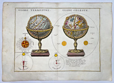 TERRESTRIAL & CELESTIAL GLOBE 1756 by LE ROUGE ANTIQUE ENGRAVED MAP 18TH CENTURY