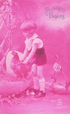 CP ROSE JOYEUSES PAQUES ENFANT CULOTTE COURTE POULE DANS OEUF PAILLE