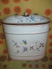 Ancienne FONTAINE A EAU MURALE en TÔLE EMAILLEE FLEURS PAPILLON Réservoir Cuve