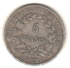 pièce de 5 francs argent Empire français, Napoléon empereur, 1812 B