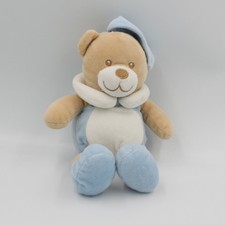 Doudou ours bleu blanc beige