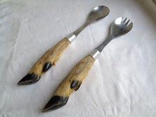 French 2 of txidermy deer hoof foot Inox fork spoon server serving " Reserved"