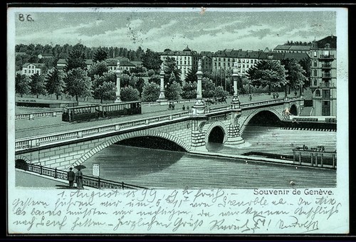 Lithographie genève tramway - lithographie, genève,