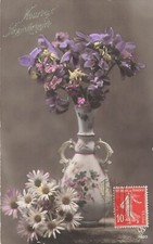 CP HEUREUX ANNIVERSAIRE VASE DECORE REMPLI FLEURS BOUQUET MARGUERITES - 28692
