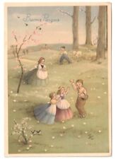 1952 Gibi Pâques Enfants Pelouse Fleurs Oeufs Poussins Agneau Carte Postale Cru