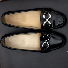 MOCASSINS CUIR GLAÇÉ NOIR P. 7 1/2 M = 37,5, FAIRMONT, ANNEAU MÉTAL BRILLANT