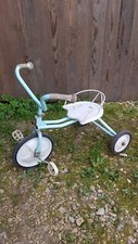 Ancien Tricycle Enfant Jouet Métal Bleu & Blanc Années 70 Vintage #A675