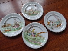LONGWY 4 ANCIENNES ASSIETTES DESSERT EN FAIENCE 1920 OISEAUX POLYCHROME 19,3 cm