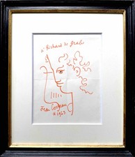 Jean COCTEAU. Dessin original signé. Profil à la lyre dédicacé à R. de Grab 1963