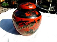 pot à thé ancien porcelaine chinoise décor oiseau noir Or fond rouge,