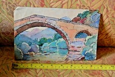 Aquarelle Gouache Léopold Pradère 1869-1941 pont & montagne Ariège Alpes ? 21x14
