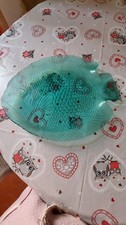 Grand Plat de Service En Verre Couleur Vert Forme Poisson. Vintage