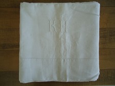 DRAP LIN MONOGRAMME KH RIDEAU NAPPE LINGE ANCIEN