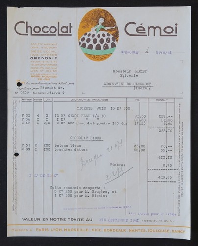Facture 1941 grenoble chocolat - 1941,