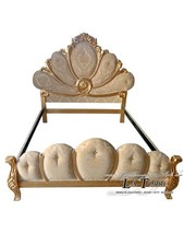 Lit Double Baroque Récipient Bois Massif Sculpté à la Main Simili Cuir