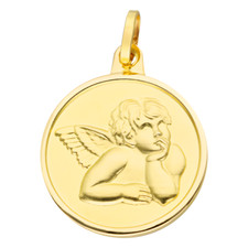 Pendentif - Enfant - Médaille - Ronde - Ange - Baptême - Plaqué Or Jaune 750