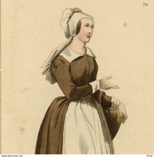 Costume de Servante Epoque Henri IV - Gravure originale aquarelle XIXe