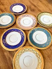 Lot de 7 soucoupes anciennes Limoges — dorure à l’or fin et filets colorés