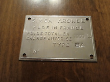 SIMCA ARONDE : PLAQUE CONSTRUCTEUR  (ETOILE 6/ TYPE BA. POIDS 1330 kg/NEUVE)N°5