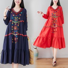 Robe Midi En Lin Ethnique À