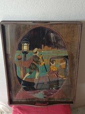 plateau de service ancien Bois Peint Carnaval De Venise Gondole/ Verre 1950