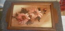 ANCIEN PLATEAU EN BOIS DÉCOR PEINT SOUS VERRE FLEURS SIGNÉ CLEM