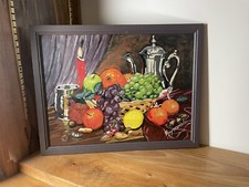Cadre en bois violet peinture nature morte signée Raymonde Bougie Fruits