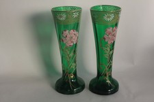 LEGRAS-MONTJOYE Paire Vases vert verre émaillé Fleurs Art Nouveau (72006)