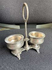 Ancien serviteur saleron salière poivrière en métal argenté cristal design retro