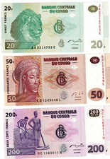 LOT SET SERIE 3 BILLETS CONGO AFRIQUE FRANCS ANIMAUX Neuf UNC