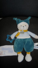 doudou peluche pantin d'activités ours Polochon bleu blanc BABY NAT - état NEUF