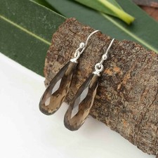 Longue Goutte Naturel Fumé Quartz Pendantes Oreille Boucles D'Oreilles 925