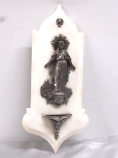 🇫🇷 ANCIEN GRAND BÉNITIER MURAL SAINTE VIERGE ICÔNE MÉTAL ARGENTE MARBRE STOUP