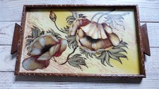 Ancien plateau Art Déco bois et verre décor floral