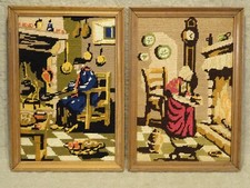 2 canevas finis  scène rustique ferme cheminée  30,5 x 20 cm  encadré