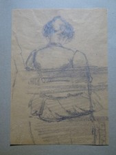 Ecole FRANCAISE XIX BEAU DESSIN CRAYON FEMME de DOS BANC ROMANTISME 1830-1840