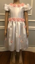 * ROBE PRINCESSE SATIN BLANC FLEURS & PAPILLONS ROSES T. 5 ANS FAIT MAIN NEUVE *