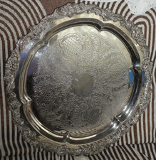 SUPERBE PLATEAU EN METAL ARGENTE SHEFFIELD SILVER-CO MADE IN USA DECOR ROCAILLE