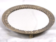 🇫🇷 ANCIEN GRAND PLAT PLATEAU MIROIR BRONZE CENTRE TABLE ROND SUR PATTE DE LION