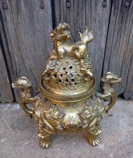 Brule Parfum Encens Chinois Tripode en Bronze Dragons Chiens de Fo Chine