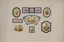 Gravure originale Porcelaine Sèvres plaques de meubles décor floral scène genre