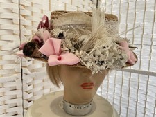 ancien chapeau de paille/multitude bouquets/ruban/oiseau etc... ( L63)