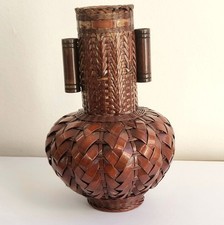 Vase Panier Ikebana en Bambou Tressé et Céramique Japon début XXe 18,5 cm  