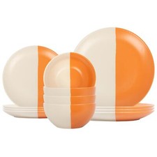 12pc Trempé Service de Table en Grès Orange Brûlée Vaisselle Assiettes Boules