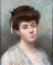 Tableau ancien  portrait de jeune femme Rousse d'époque  Art Nouveau pastel