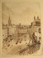 Joannès DREVET (1854-1940) EAU FORTE ORIGINALE PLACE ANIMÉE GRENOBLE ISERE 1930²