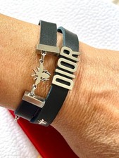Dior D-Bee Black Leather Charm  Bracelet Silver Tone Chocker Necklace 