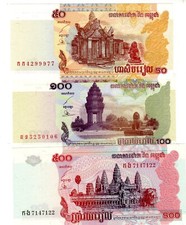 LOT SET SERIE 3 BILLETS CAMBODGE CAMBODIA 50 100 500 RIELS 2001 2002 NEUF UNC