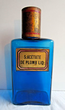 Pot à pharmacie XIXème, verre bleu + plaque verre dorée: S:ACETATE DE PLOMB LIQ.