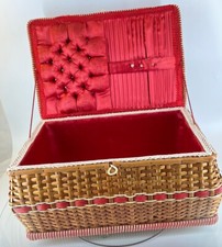 Belle Boîte à Couture En Rotin Vintage Ancienne Travailleuse Panier Osier Rouge